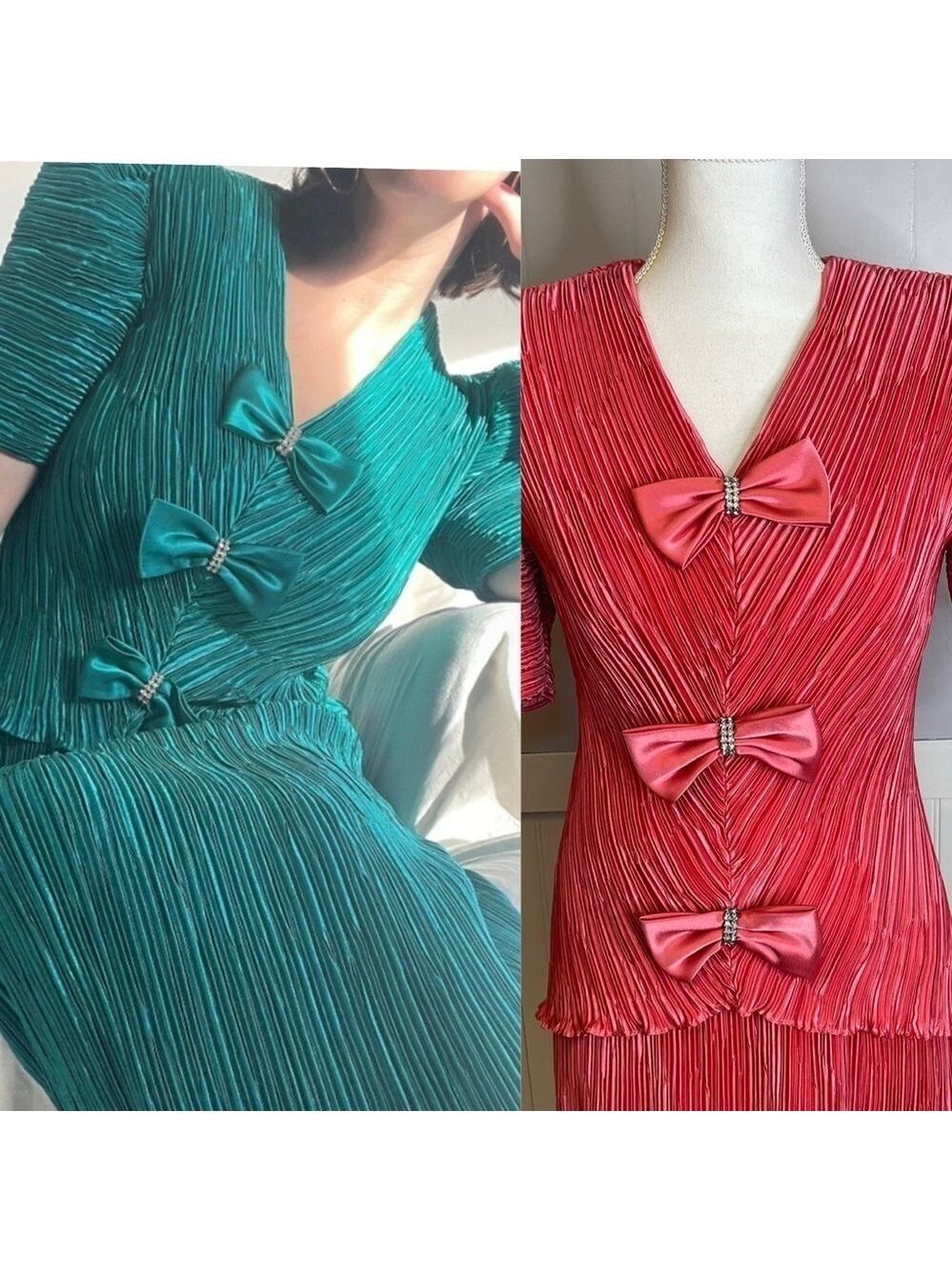 Karen Lawrence Vintage Skirt Set Womens Midi Embellished Bow Event Green 80's 16 - Picture 3 of 13